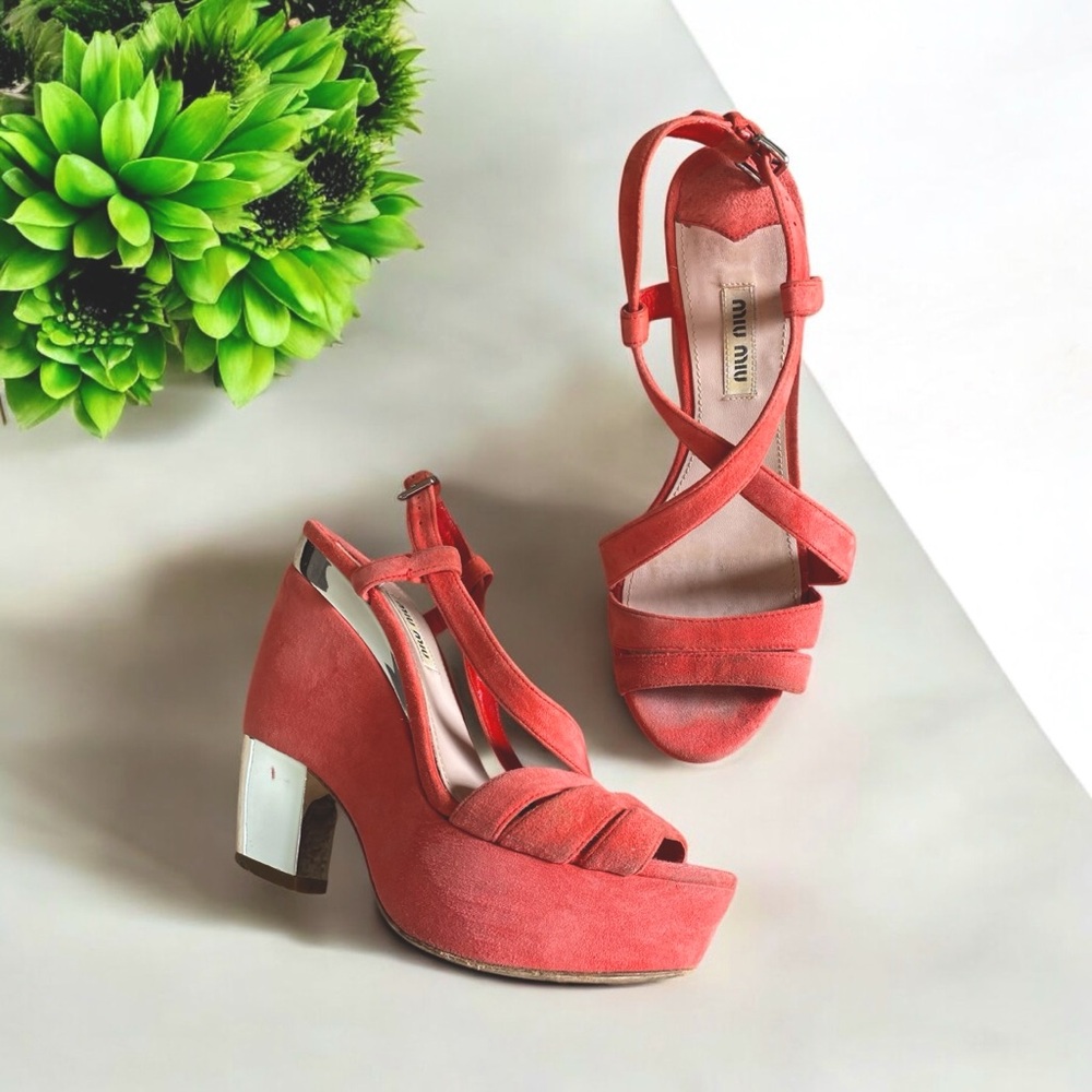 Miu Miu Pink Heels with Silver Block Heel platform